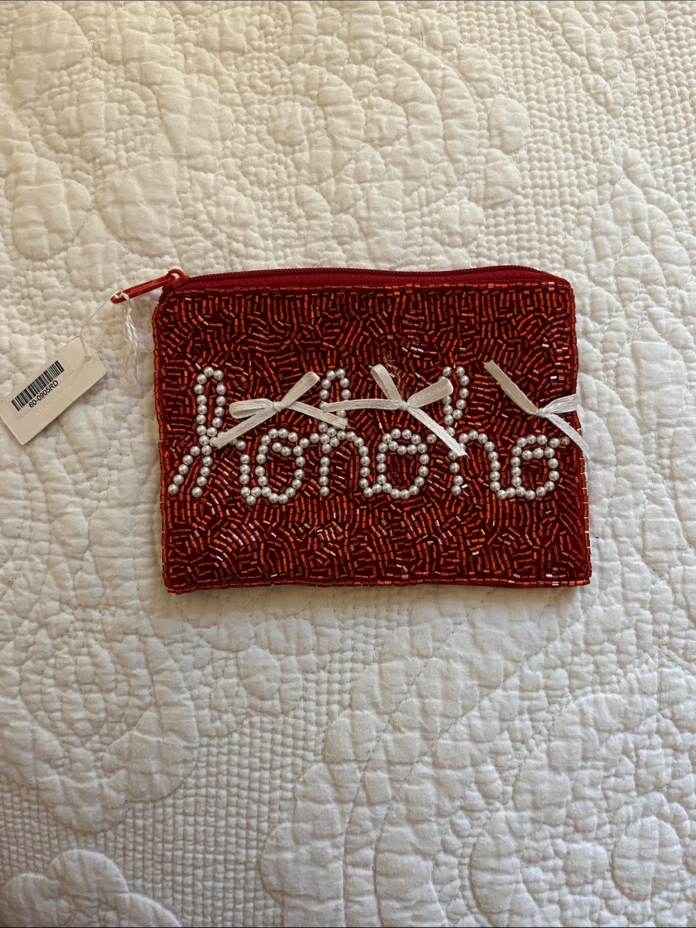 Viola Beaded Red Christmas “Hohoho” Wristlet Pouch with Pearl Accent: Super Cute